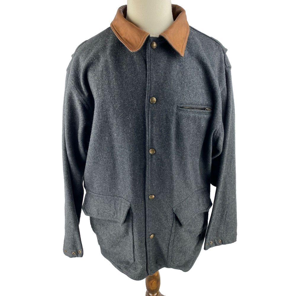 Woolrich Mens XL Charcoal Loden Wool Blend Utility Field Snap Coat Leather Trim
